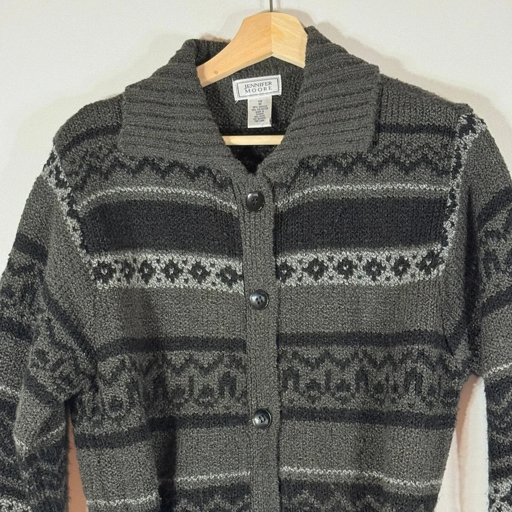 Jennifer Moore Womens‎ Medium Sweater Grey Fair Isle Longline Belted Grandpacore